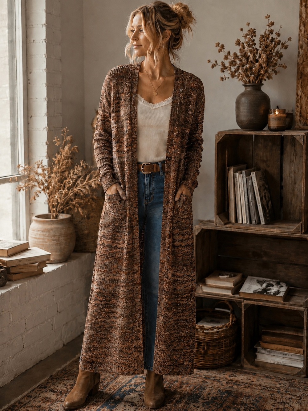 Monroe & Main Brown Women's Size S Open Knit Maxi Cardigan Duster Boho Earthy